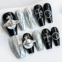 Sun&BeamNails手作りネイルチップミディアムロングバレリーナブラック黒銀人気3Dおしゃれ可愛いかっこいいデザインつけ爪付け爪収納ボックス付き10枚入(#44M)