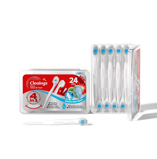 4-in-1オールインワン歯ブラシ:1本に、高密度ソフトブラシ・水不要の内蔵ハミガキビーズ・舌クリーナー・歯間クリーナーの4機能を一体化。歯磨き粉と水が不要で、オフィス、移動中、アウトドアなど、いつでもどこでもポータブル歯ブラシとして手軽にお口のリフレッシュが可能です。 内蔵ハミガキで手軽ケア完了:ブラッシングとともに内蔵されたハミガキビーズが溶け出し、泡立たず水不要。約1-2分の使用でケア完了。磨いた後そのまま捨てられるので、後片付けの手間が一切ありません。忙しい日常やシンクのない場所でも、水なし歯磨きとしてストレスフリーにご使用いただけます。 歯と舌もこれ一本でケア:歯茎にやさしいソフト毛先が、食べかすや表面の汚れを効果的に除去。同時に、内蔵の舌クリーナーで口臭の原因となる舌の汚れにもアプローチ。一本で歯と舌をケアし、矯正中の方やお子様にも安心してお使いいただけます。 携帯便利で経済的:24本入りの歯ブラシセットが、専用のスリム収納ケースにひとまとめ。バッグやポケットにすっきり収納でき、旅行や出張、オフィスでの常備に最適。大容量で1本あたりのコストを抑えられる、コスパに優れた便利なセットです。