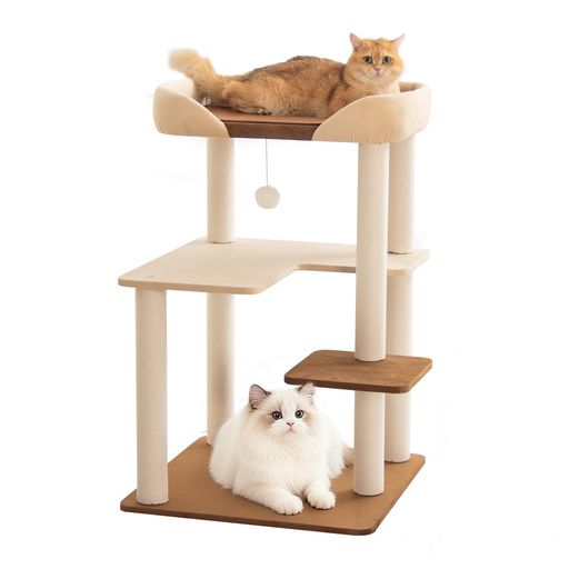 LULUCAT キャットタワー 据え置き おしゃれ クッション入りベッド 巨大土台 多頭飼い コンパクト シニア猫 冬夏兼用 夏用ござ付き 大型猫 安定感 低め 転倒防止デザイン 展望台 猫ベッド 運…
