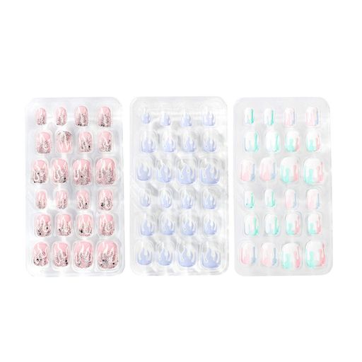 3セット72個12サイズ 子供用 ファッション ネイルチップ 偽のネイルパッチ 偽のネイル足の爪 ネイルアート ネイルデコ用 ネイルデザイン かわいい炎のパターン パープル ピンク カラー