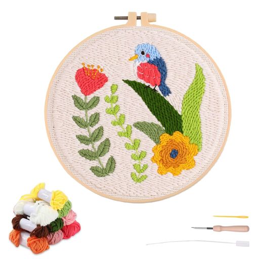 artciciパンチニードルキット初心者向け小鳥野生の花柄の道具と糸付き簡単刺繍ラグフックセット(鳥)