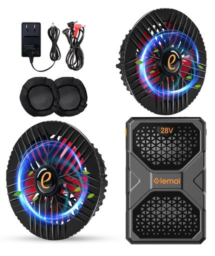 フアン付き作業服対応大容量30000mAh業界超高電圧出力28Vファンバッテリーセット猛暑対策ファン防塵カバー付き(黒*赤羽根)