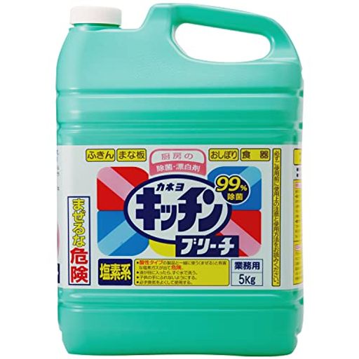 殺菌 商品サイズ (幅x奥行x高さ) :207mmx126mmx296mm 原産国:日本 内容量:5kg ブラント名:カネヨ石鹸 原材料: 次亜塩素酸ナトリウム(塩素系)、界面活性剤(アルキルアミンオキシド)、アルカリ剤