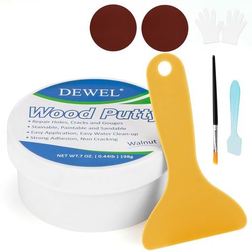 DEWEL木工パテ穴埋めパテパテ198gウッドパテ木材補修用パテ補修パテ木製テーブル、戸棚、床、ドアの亀裂など補修フローリング補修ブラシ付きスクレーパー付きサンドペーパー付き手袋付…