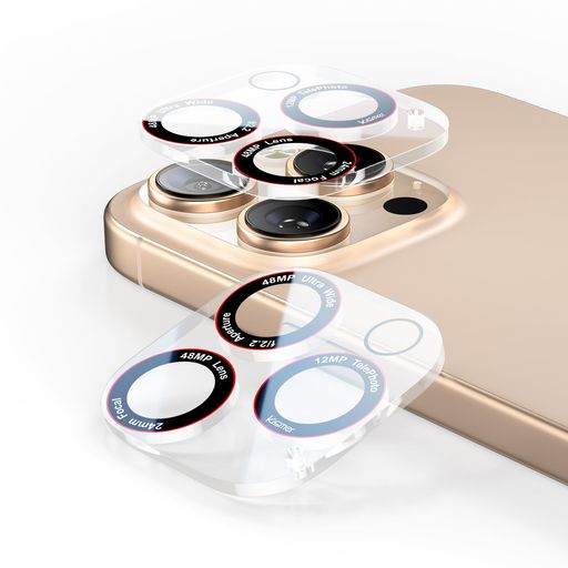 【2枚セット】iPhone 16 Pro / 15 Pro / 14 Pro Max カメラフィルム レッドリング スペック印字入り プロ仕様 一眼レフ風 レンズカバー 強化ガラス 日本旭硝子製 高透過率 クリア (iPhone 16/15/14