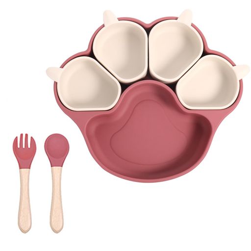 ベビー食器セット離乳食赤ちゃん用可分離式食器ひっくり返らない吸盤すくいやすいシリコンボウルスプーンフォークトレーニングカトラリー(レッド)