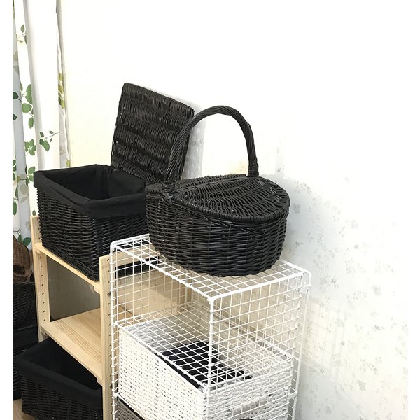 【即納可】カゴ　バスケット　収納　黒　モノトーン　シック　こだわり　男前　インテリア　ピクニック★4229K★w35 d24 h14(32)cm