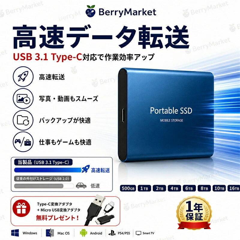 【一年保証】ポータブルSSD 外付けSSD 2TB 4TB USB3.1対応 高速転送 耐衝撃 静音 超薄型 コンパクト 小型 外付けハードディスク PC スマホ対応 大容量 ポータブルストレージ - Image 2