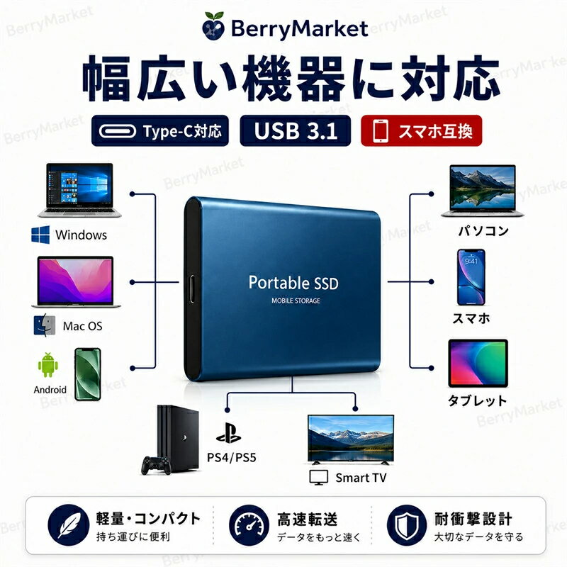 【一年保証】ポータブルSSD 外付けSSD 2TB 4TB USB3.1対応 高速転送 耐衝撃 静音 超薄型 コンパクト 小型 外付けハードディスク PC スマホ対応 大容量 ポータブルストレージ - Image 3
