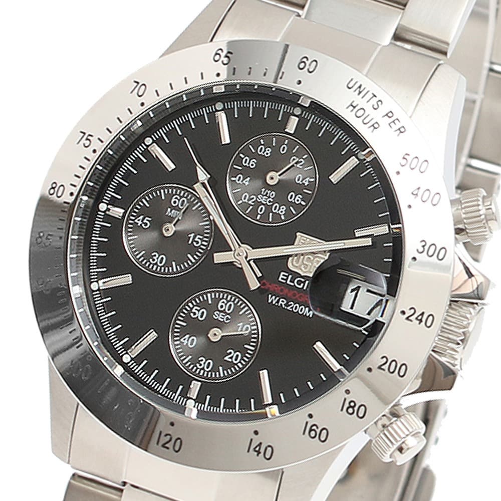 エルジン 腕時計（メンズ） エルジン ELGIN 腕時計 メンズ クロノグラフ デイト アナログ ブラック シルバー 送料無料/込 母の日ギフト