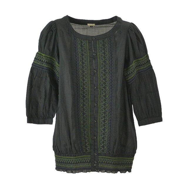 【送料無料】DOROA/ドロア 刺繍チュニック レディース トップス カットソー ブラック 黒 七分袖 ゴム 刺繍 コットン100％ 綿 夏 透け感