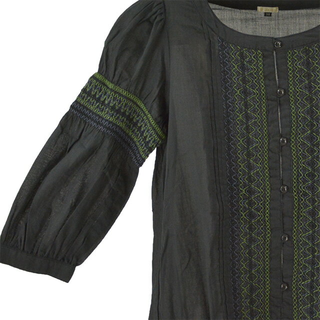 【送料無料】DOROA/ドロア 刺繍チュニック レディース トップス カットソー ブラック 黒 七分袖 ゴム 刺繍 コットン100％ 綿 夏 透け感