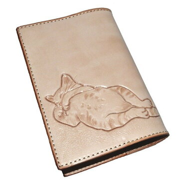 ブックカバー 文庫本サイズ 革 本革 牛革 レザー 栃木レザー 日本製 ヌメ革 ネコ カービング ハンドクラフト レザークラフト