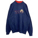【中古】【古着】 ダブルネック スウェット トレーナー レディース L ネイビー 犬 刺繍 ストーン 古着卸 アメリカ仕入 t2111-3895