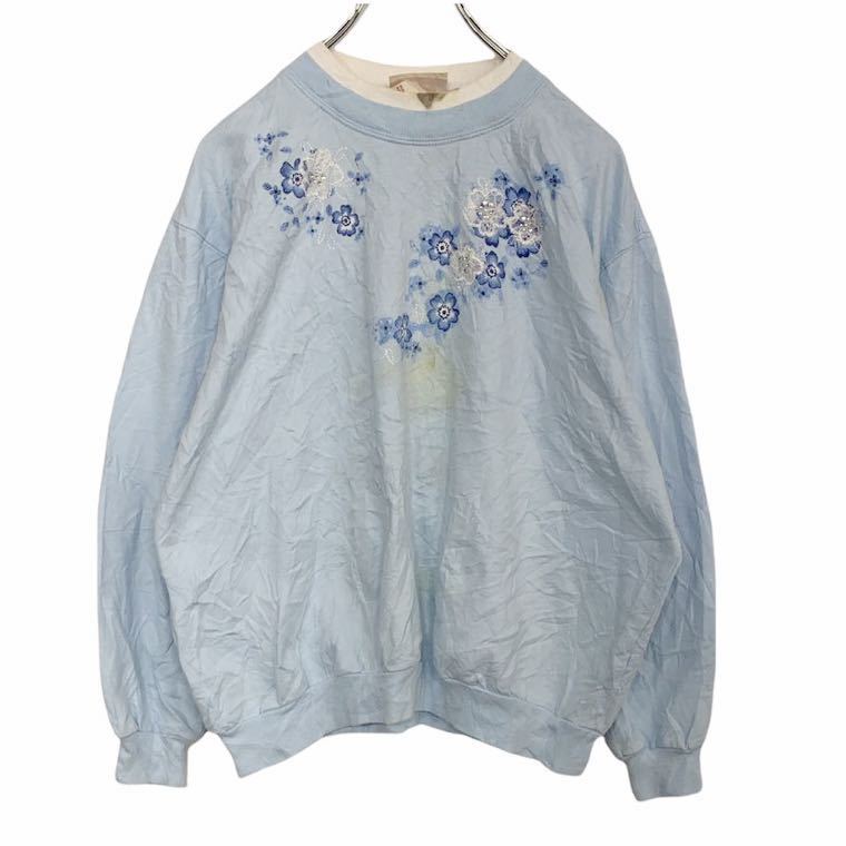 【中古】【古着】 TOP STITCH ダブルネック スウェットトレーナー レディース M ブルー 花 プリント 刺..