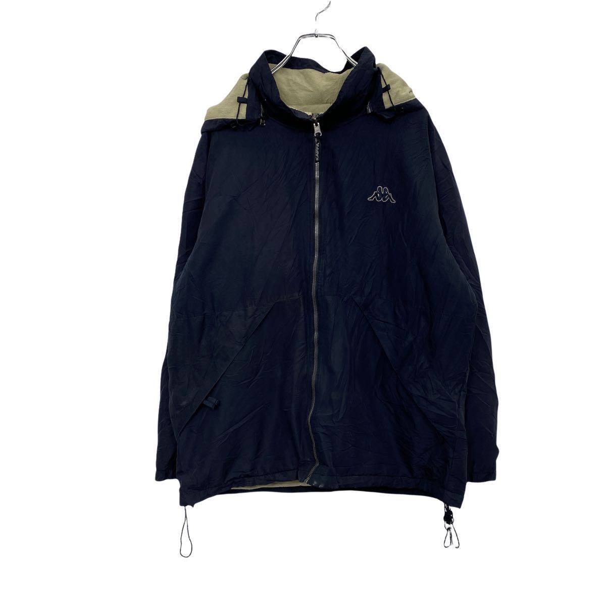 Kappa ないナイロンパーカー S-M ネイビー ベージュ カッパ スポーツ リバーシブル フーディ ロゴ 古着卸 アメリカ仕入 t2201-3478