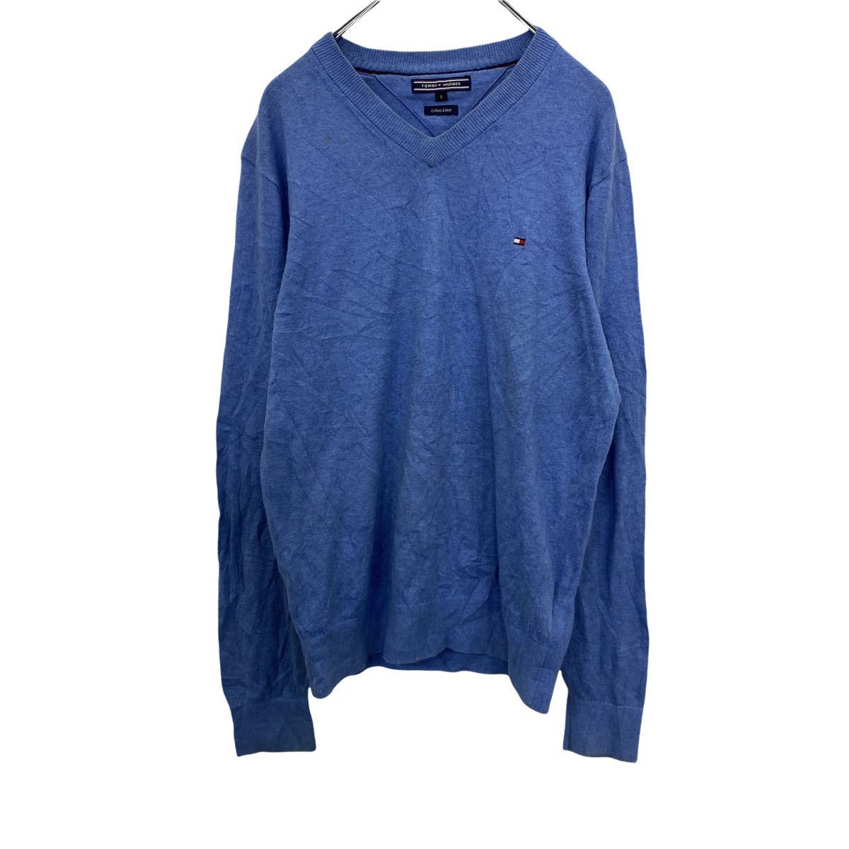 【中古】【古着】 TOMMY HILFIGER ニットセーター S ブルー トミーヒルフィガー Vネックセーター ワンポイントロゴ 古着卸 アメリカ仕入 t22...