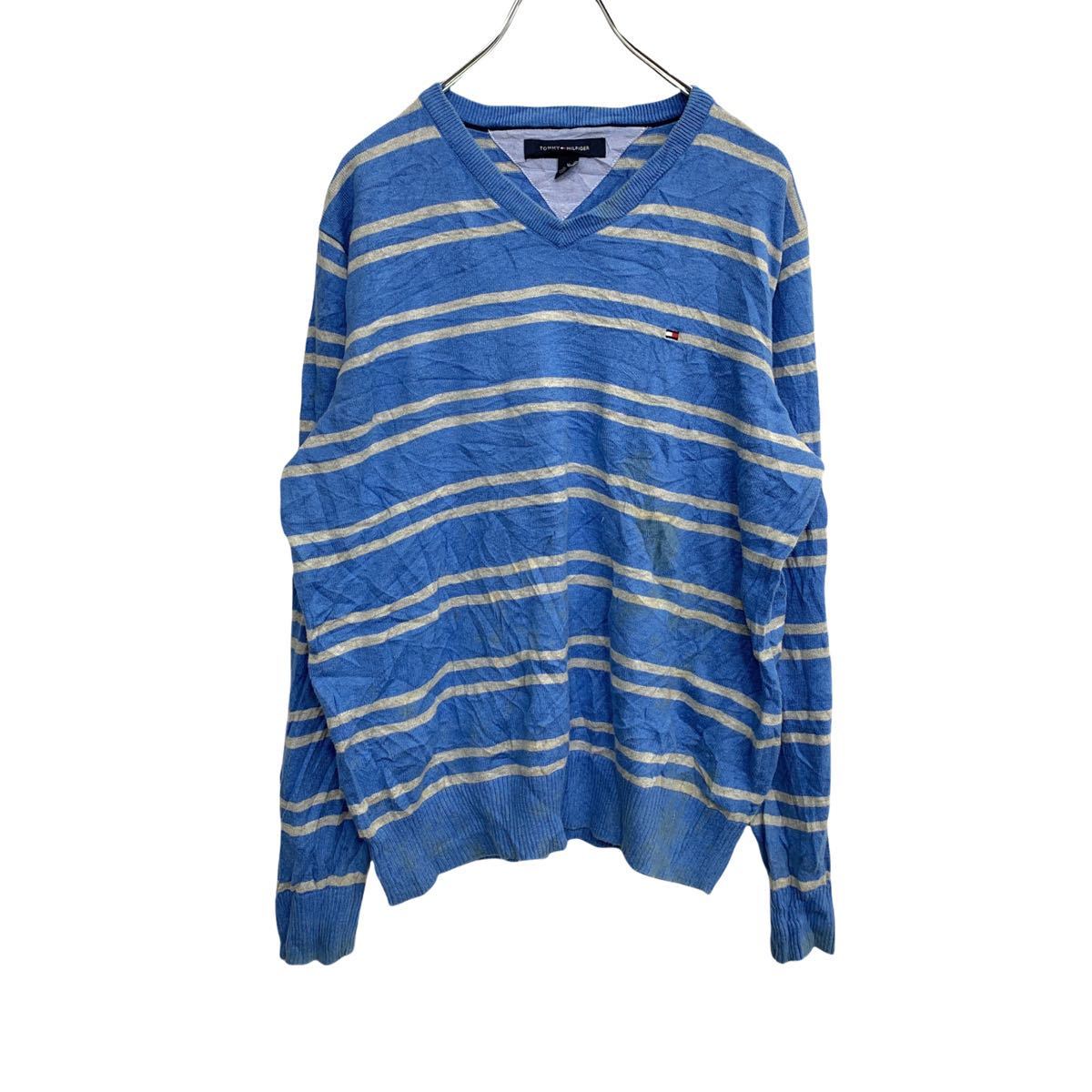 【中古】【古着】 TOMMY HILFIGER Vネック コットンニットセーター Mサイズ トミーヒルフィガー ボーダー ライトブルー 古着卸 アメリカ仕入 t...