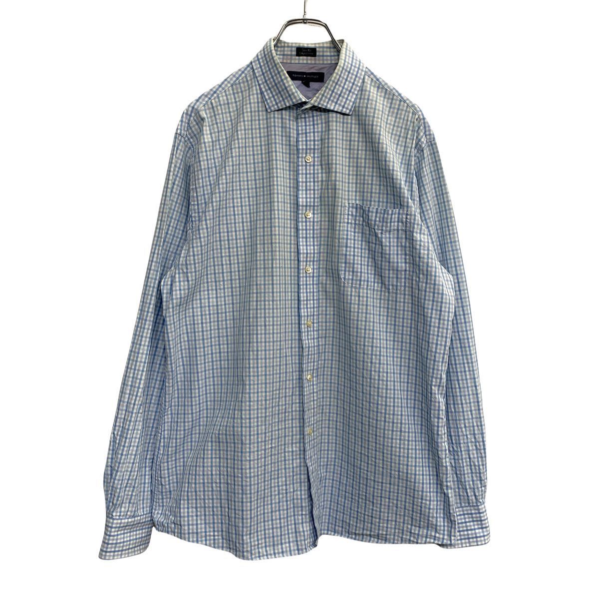 【中古】【古着】 TOMMY HILFIGER 長袖 チェックシャツ Lサイズ トミーヒルフィガー ライトブルー スリムフィット 古着卸 アメリカ仕入 t220...