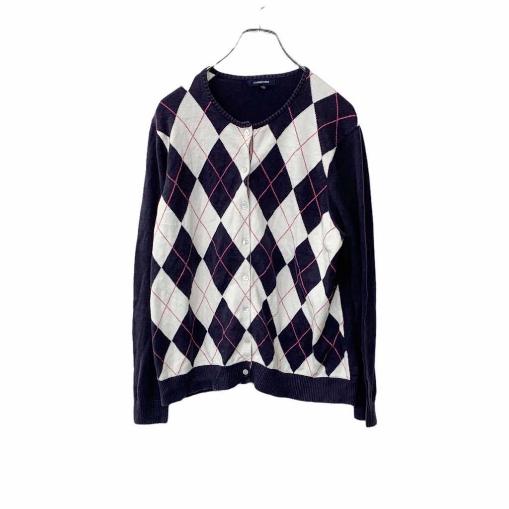 【中古】【古着】 LANDS'END ニットカーディガン 1Xサイズ ネイビー ホワイト ピンク 古着卸 アメリカ仕入 t2204-3266
