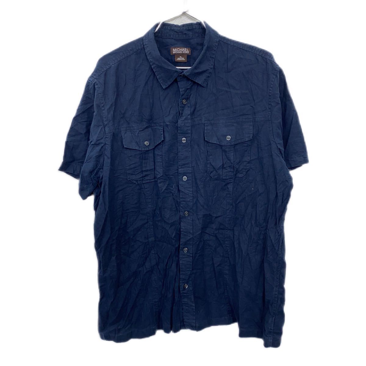 【中古】【古着】 MICHAEL KORS 半袖シャツ XLサイズ マイケルコース 混リネン フラップポケット ネイビー 古着卸 アメリカ仕入 t2206-38...