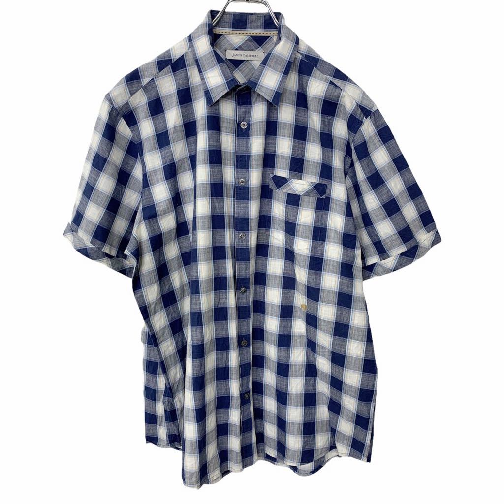 【中古】【古着】 JES CAMPBELL 半袖チェックシャツ Lサイズ ホワイト ネイビー 古着卸 アメリカ仕入 t2206-3976