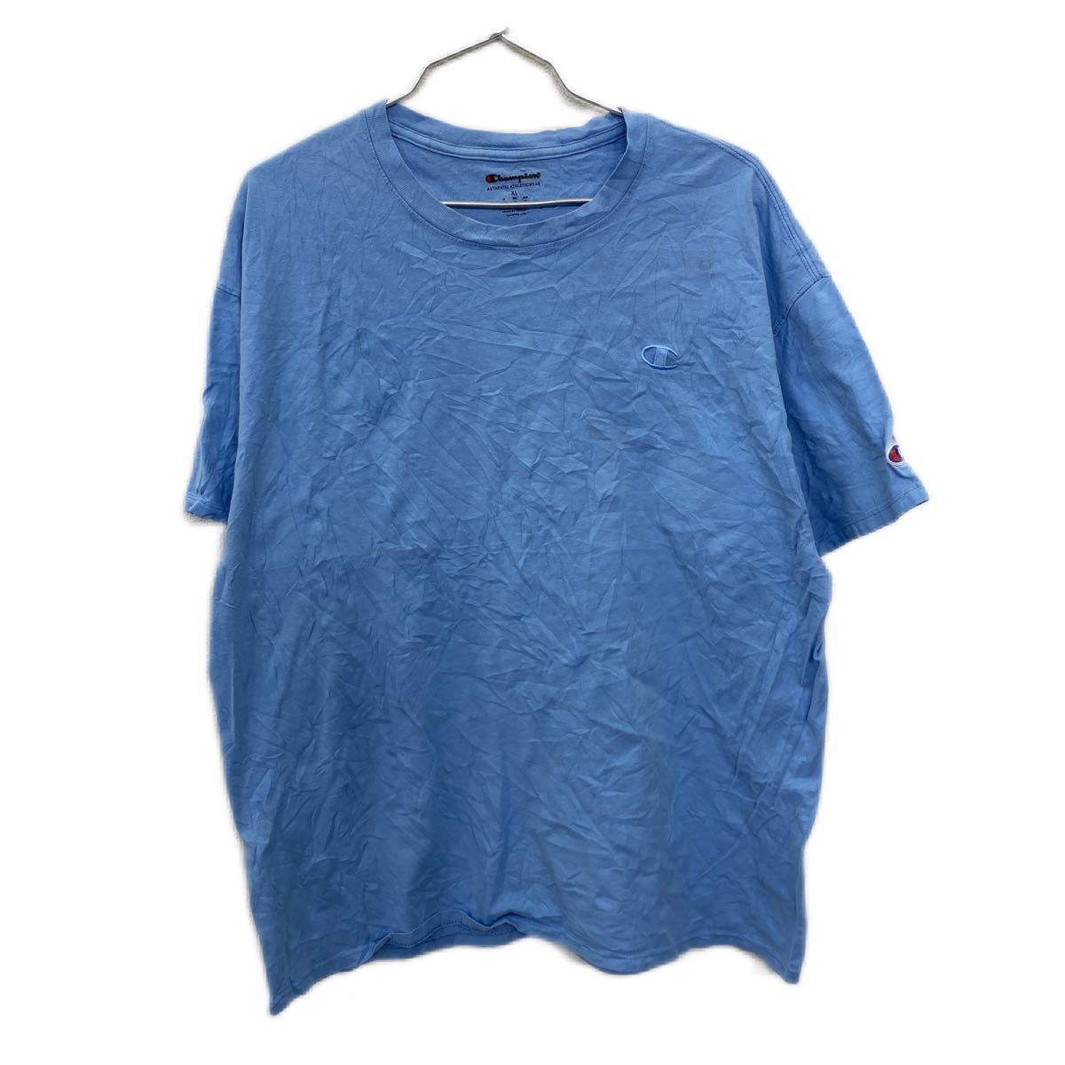 【中古】【古着】 Champion ロゴTシャツ XL チャンピオン ロゴ刺繍 ワンポイント ブルー 古着卸 アメリカ仕入 t2206-4074
