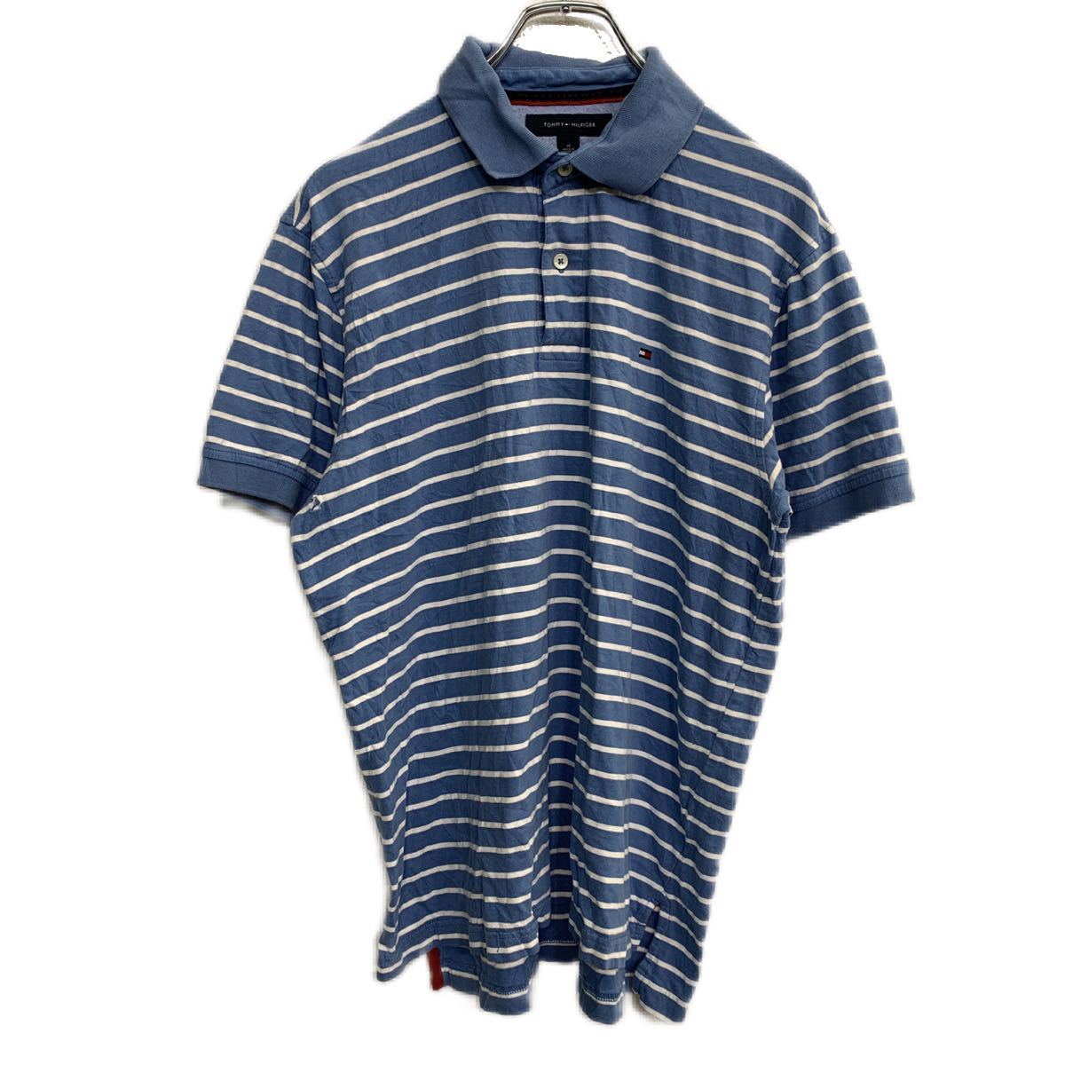 【中古】【古着】 TOMMY HILFIGER 半袖 ポロシャツ Mサイズ トミーヒルフィガー ボーダー ブルー 古着卸 アメリカ仕入 t2206-4207