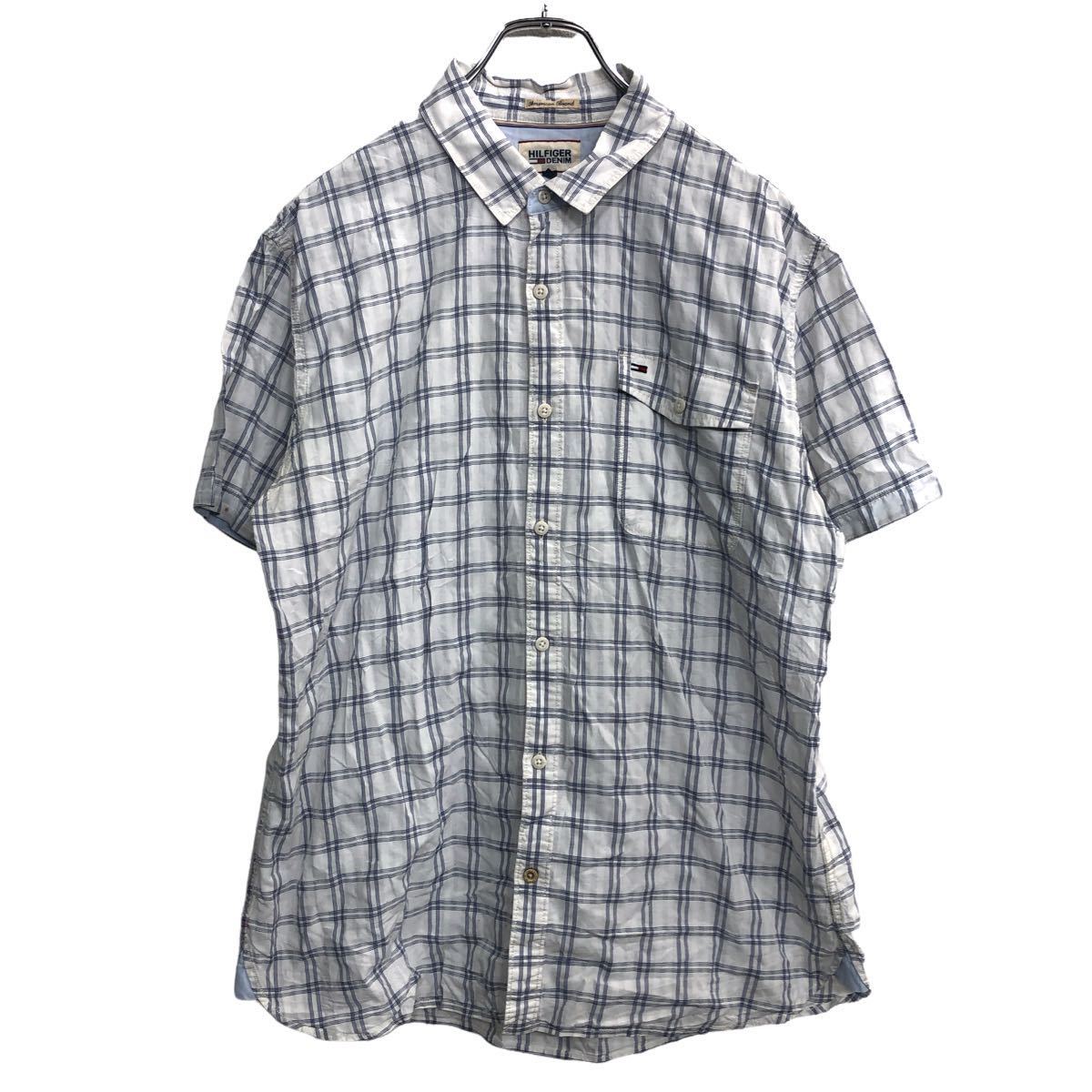 【中古】【古着】 HILFIGER DENIM 半袖 チェックシャツ XLサイズ ヒルフィガーデニム 白 青 古着卸 アメリカ仕入 t2206-4244