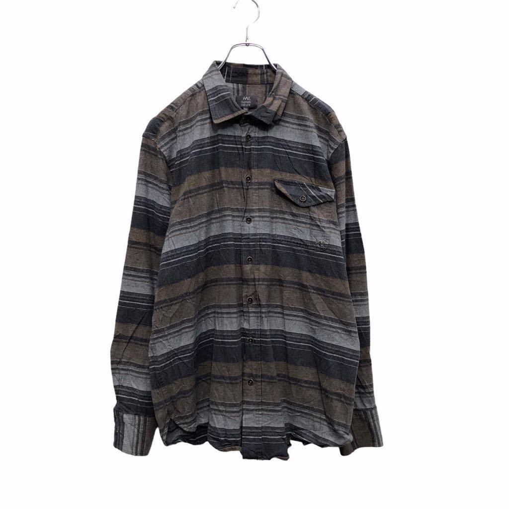 【中古】【古着】 human nature 長袖 ボーダー柄 シャツ XXL グレー ブラウン ビッグサイズ 厚手 古着卸 アメリカ仕入 a503-5653