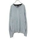 【中古】【古着】 TOMMY HILFIGER コットンニット L ブルー系 トミーヒルフィガー Vネック 刺繍ロゴ セーター 古着卸 アメリカ仕入 a503-...