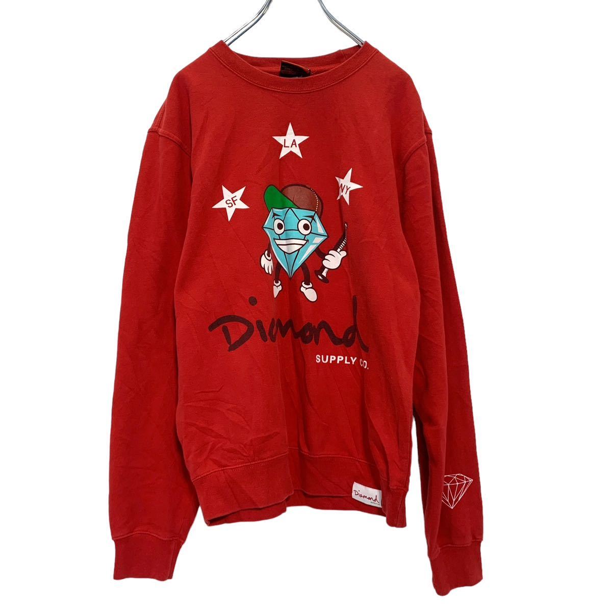 【中古】【古着】 プリント スウェット トレーナー S レッド 赤 ダイヤモンド LA NY 古着卸 アメリカ仕入 a503-6842