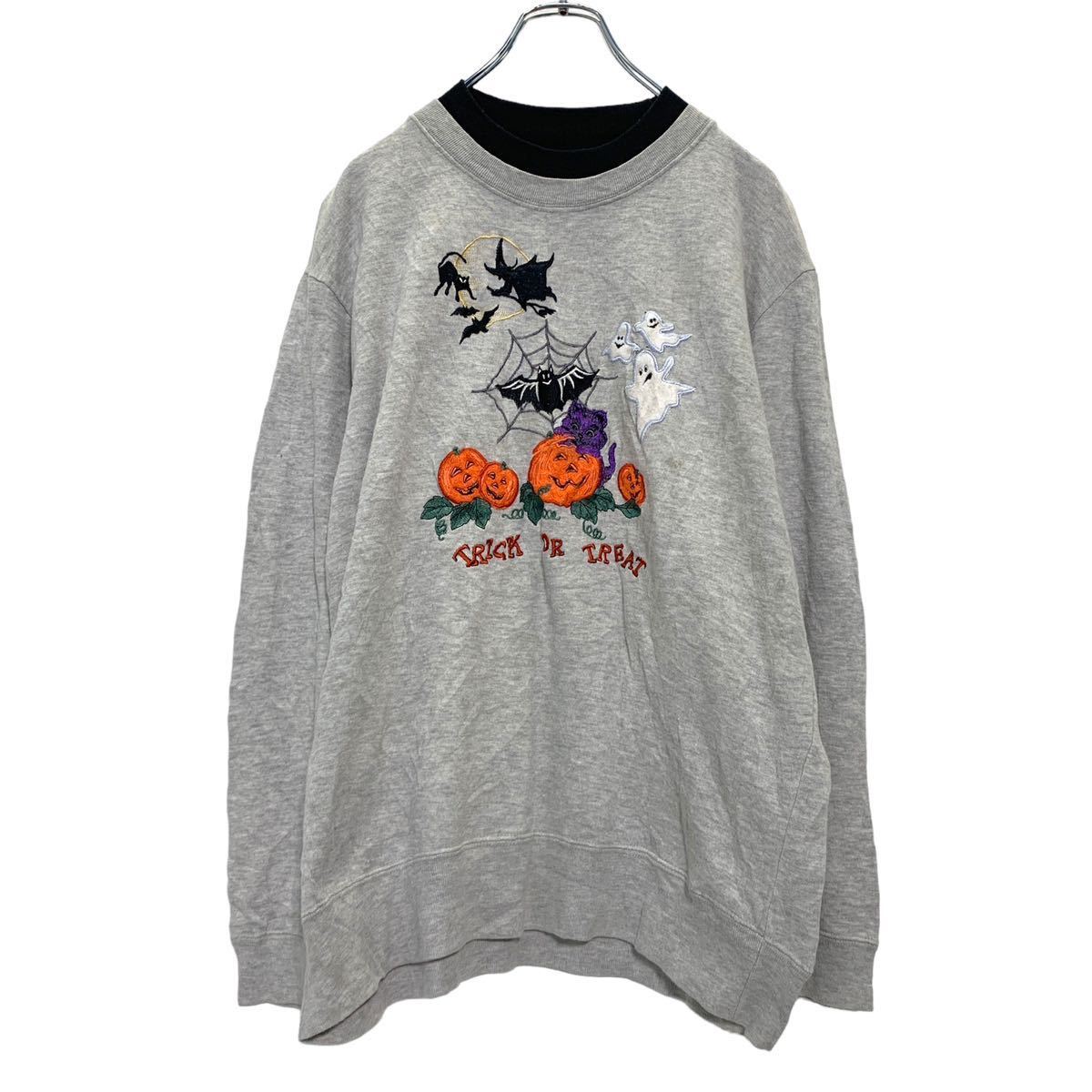 【中古】【古着】 刺繍 スウェット トレーナー M グレー ハロウィン TRICK OR TREAT フェイクレイヤード 古着卸 アメリカ仕入 a503-7017