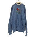 【中古】【古着】 プリント スウェット トレーナー L ブルー系 鳥 刺繍 タートルネック フェイクレイヤード 裏起毛 古着卸 アメリカ仕入 a503-7115