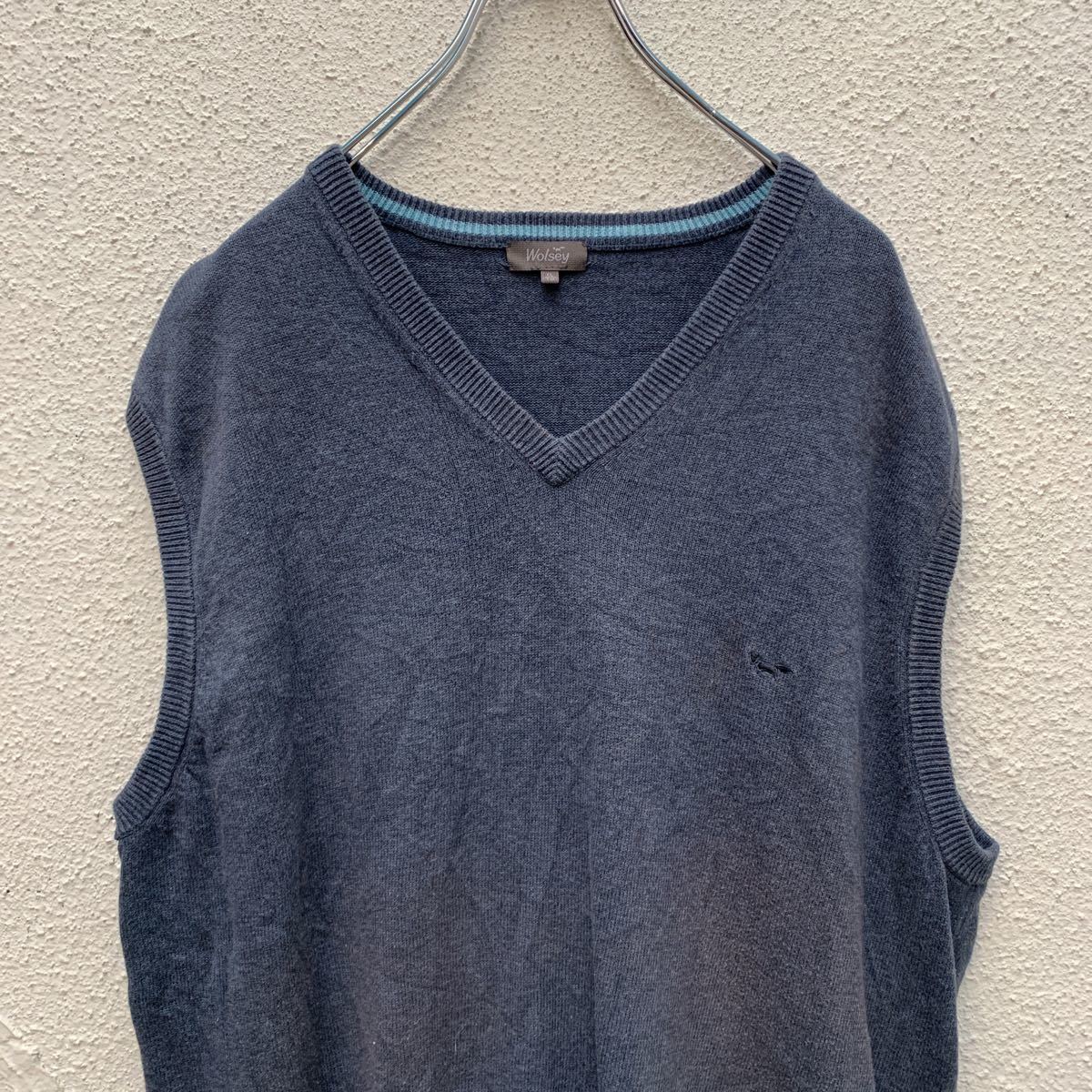 【中古】【古着】 Wolsey ニットベスト XL ネイビー ワンポイントロゴ ビッグサイズ 古着卸 アメリカ仕入れ a410-5152