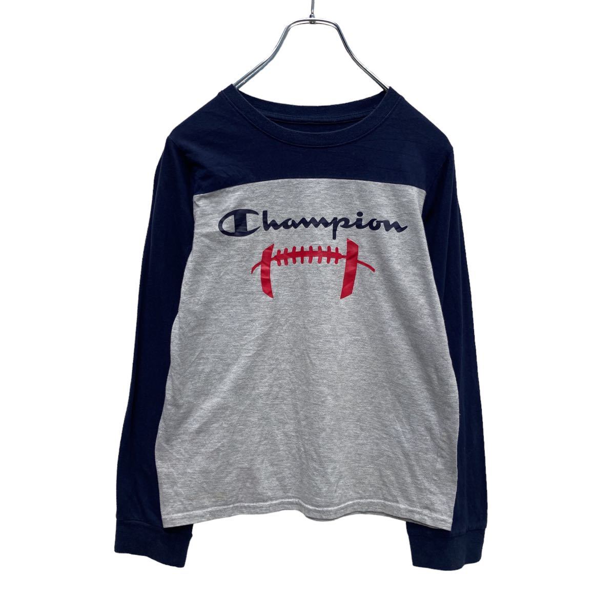 【中古】【古着】 Champion 長袖 プリント Tシャツ ユースサイズ 14/16 140～150位 グレー ネイビー アメフト ロゴ ロンT 古着卸 アメリカ仕入 a505-6926