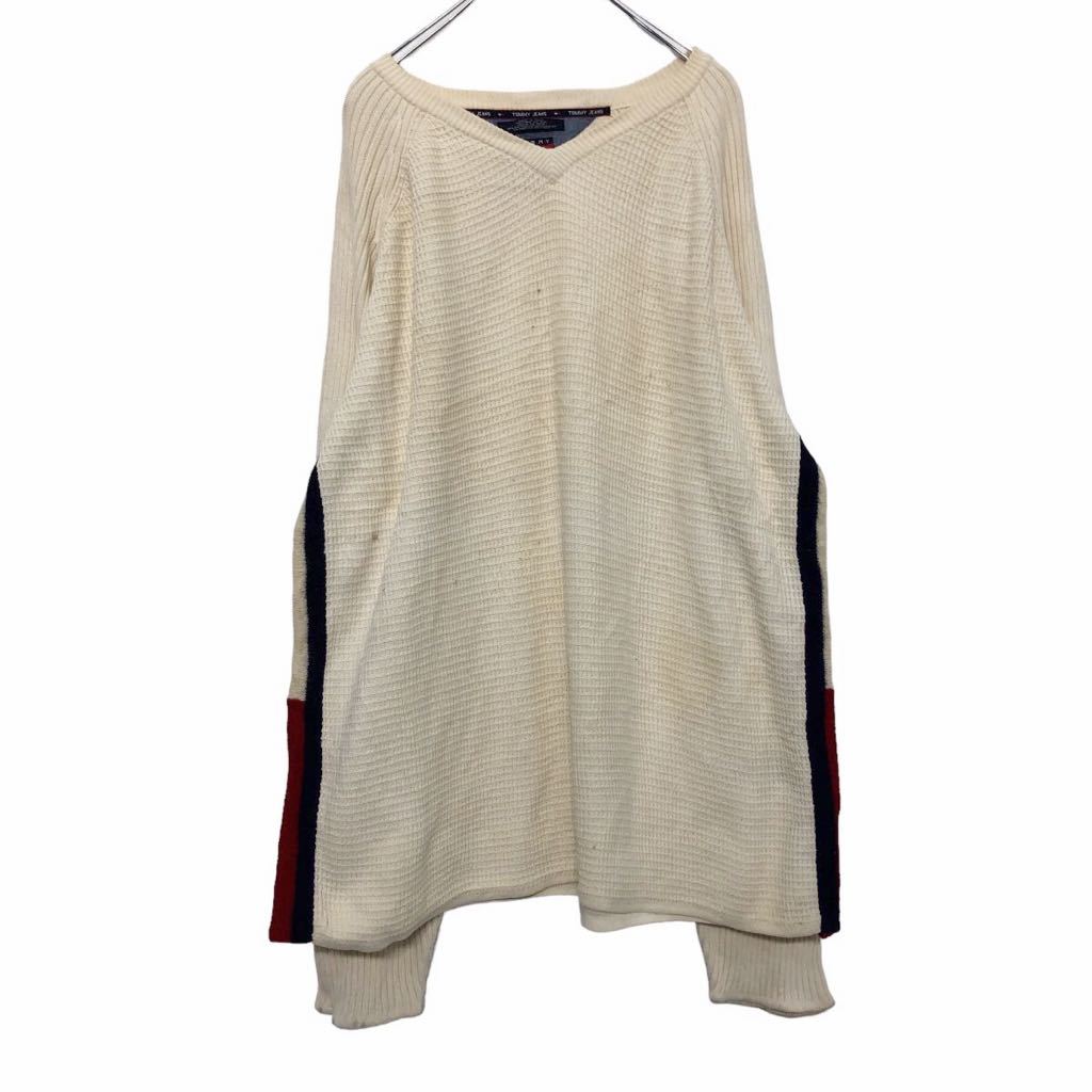 【中古】【古着】 TOMMY JEANS 混紡 ニット セーター XXL ホワイト ネイビー レッド ビッグサイズ Vネック コットン ウール 古着卸 アメリカ仕入 a509-5652