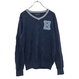 【中古】【古着】 TOMMY HILFIGER コットン ニット セーター 14 150～ ネイビー ブルー ホワイト キッズ Vネック ロゴ 古着卸 アメリカ仕入 a509-6023