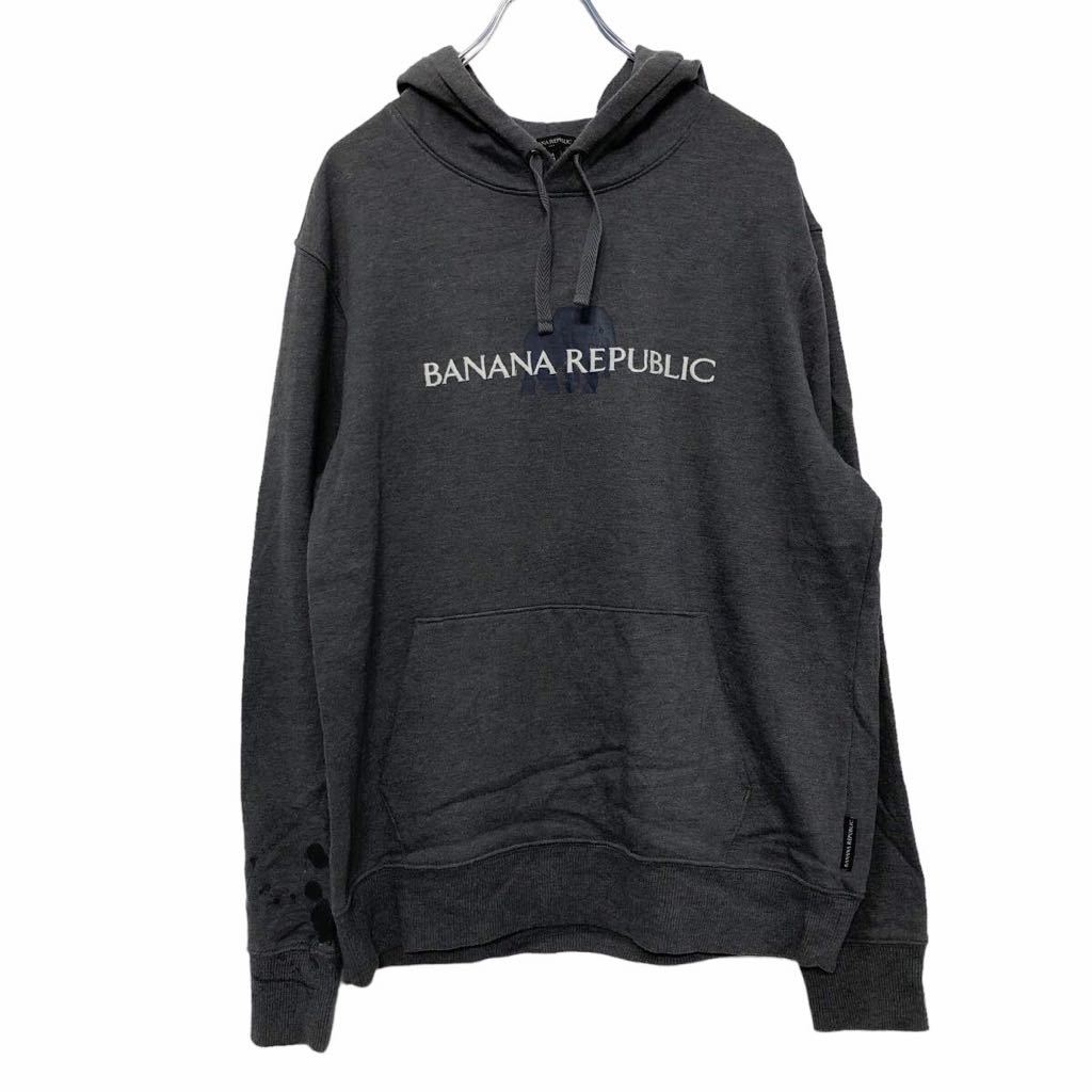 【中古】【古着】 BANANA REPUCLIC プリント スウェット パーカー M グレー ホワイト ブルー ロゴ ゾウ ポケット 古着卸 アメリカ仕入 a509-6682