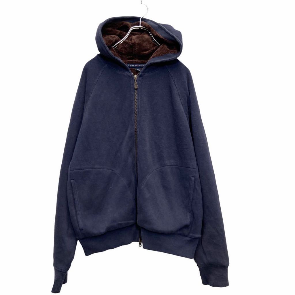 【中古】【古着】 TOMMY HILFIGER ジップアップ パーカー L ネイビー ブラウン トミーヒルフィガー 裏フリース ポケット 古着卸 アメリカ仕入 a510-5248