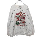 【中古】【古着】 BBW プリント スウェット トレーナー L~ ホワイト レッド グリーン ゴールド クリスマス ツリー ねこ 古着卸 アメリカ仕入 a510-5360
