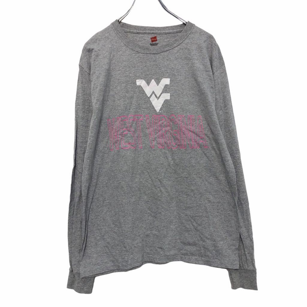 【中古】【古着】 Hanes 長袖 プリント Tシャツ M ライトグレー ホワイト ピンク ウエストバージニア ロンT ロングTシャツ 古着卸 アメリカ仕入 a...