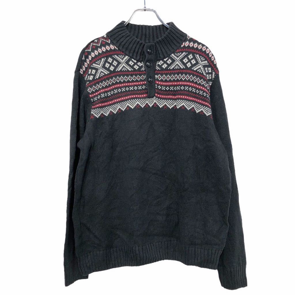 【中古】【古着】 CHAPS 混紡 ニット セーター L ブラック ホワイト レッド チャップス ラム コットン ハーフボタン 古着卸 アメリカ仕入 a510-6408