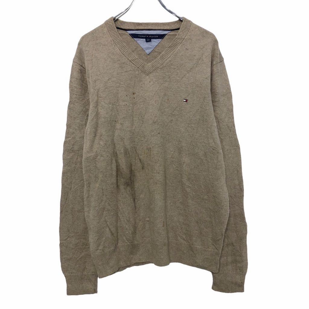 V-Neck - 【中古】【古着】 TOMMY HILFIGER 混紡 ニット セーター L ベージュ トミーヒルフィガー コットン ロゴ 刺繍 Vネック 古着卸 アメリカ仕入 a510-6500