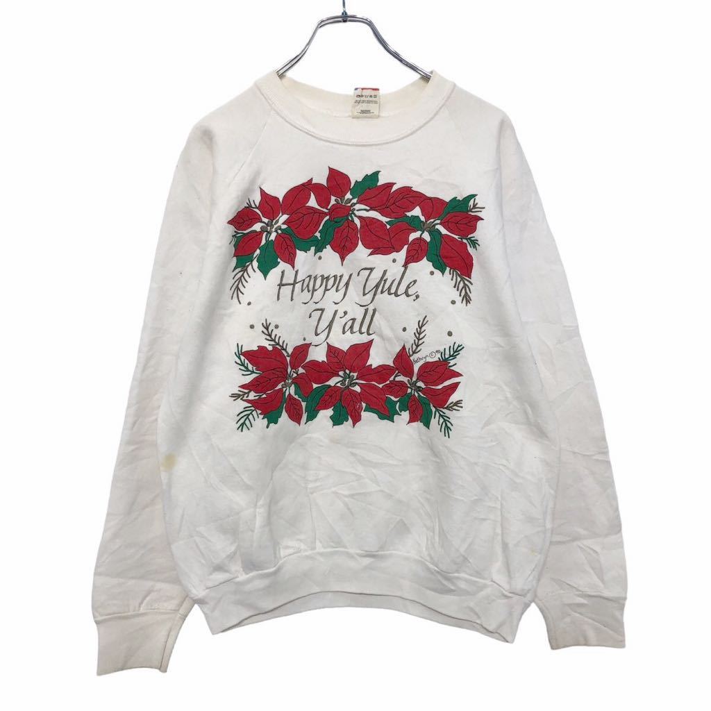 Collaboration - 【中古】【古着】 FRUIT OF THE LOOM プリント スウェット トレーナー L ホワイト レッド グリーン アメリカ製 ポインセチア 古着卸 アメリカ仕入 a511-5281