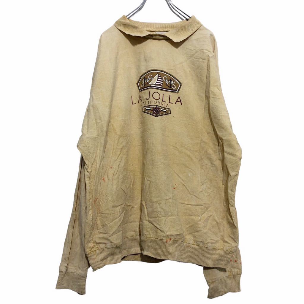 【中古】【古着】 プリント スウェット トレーナー L イエロー ブラウン アメリカ製 襟付き ヨット カ..