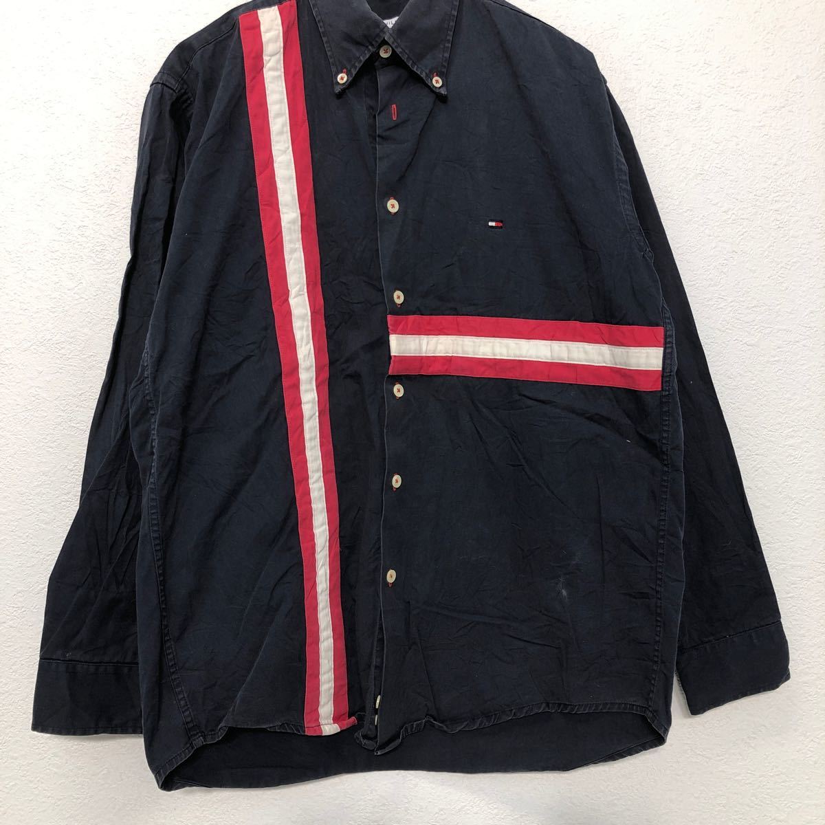 【中古】【古着】 TOMMY HILFIGER シャツ ジャケット M ブラック レッド ホワイト トミーヒルフィガー ボーダー 薄手 古着卸 アメリカ仕入 a511-5850