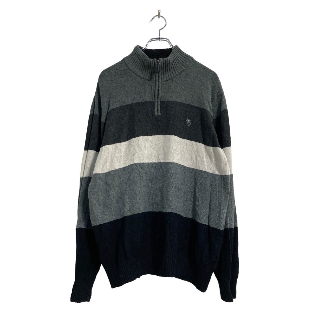 Rakuten - 【中古】【古着】 U.S. POLO ASSN. コットン ボーダー ニット セーター L グレー ホワイト ブラック ハーフジップ 古着卸 アメリカ仕入 a512-5868