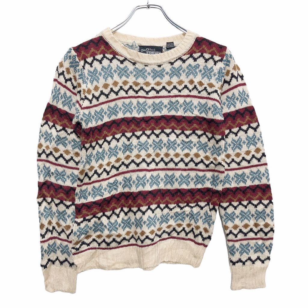 【中古】【古着】 One O'clock FRIDEY ニット セーター S ベージュ レッド ブラック ブルー 総柄 古着卸 アメリカ仕入 a601-5310