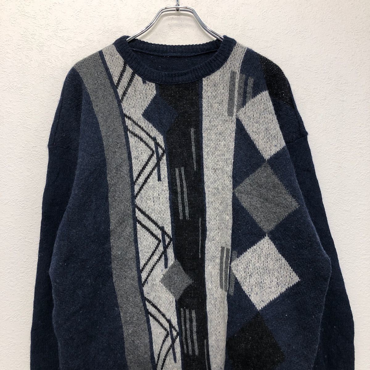 【中古】【古着】 ニットセーター L～ ネイビー グレー ライトグレー 模様 古着卸 アメリカ仕入 a601-5675